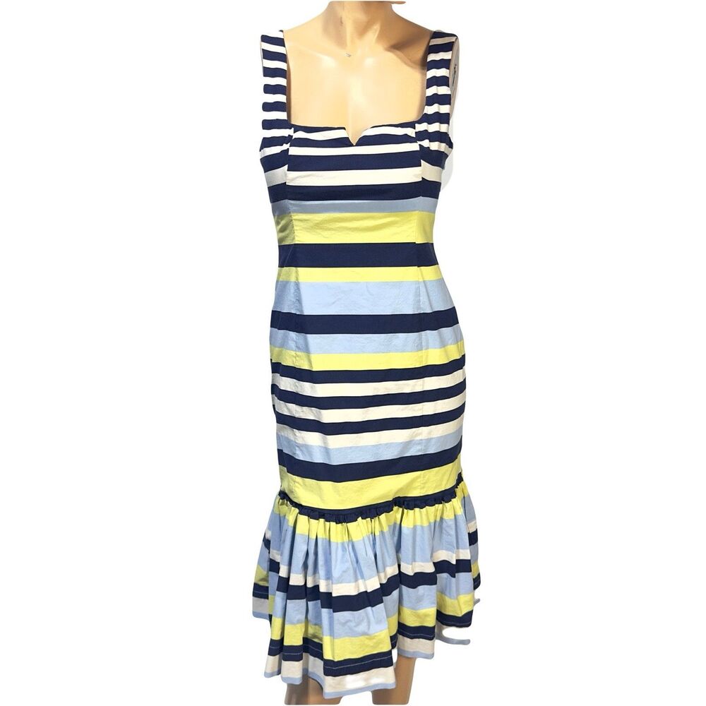 Anthropologie Maeve Midi Dress Blue Striped Sleeveless Flutter Hem Preppy Size S